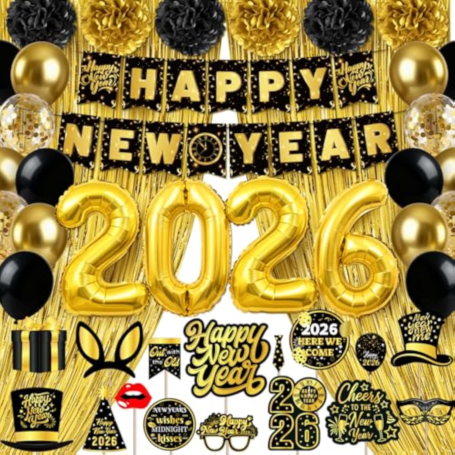 2026 New Year Black and Gold Party Kit with Banner, Props, Curtains, and Balloons