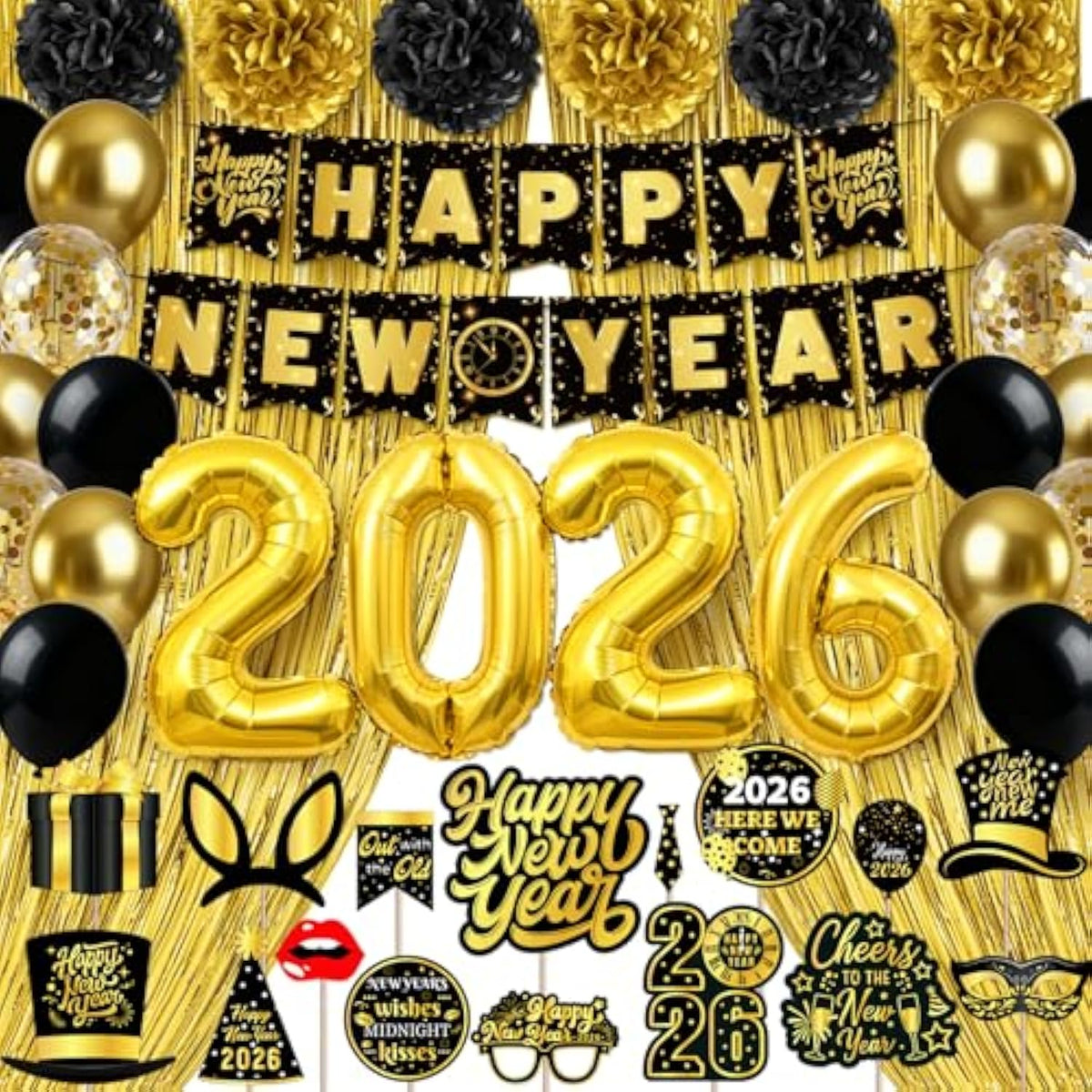 2026 New Year Black and Gold Party Kit with Banner, Props, Curtains, and Balloons