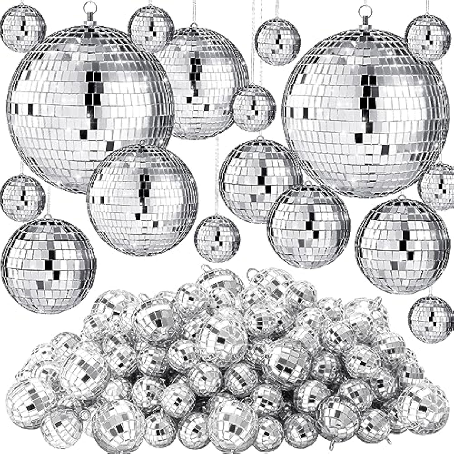 200 Pcs Mini Mirror Disco Ball Ornaments Mardi Gras Small Silver Hanging Decorations Reflective Tiny Balls Bulk For 70S 80S 90S Disco Party, Christmas Tree(8'', 6'', 4'', 3'', 2,'' 1'')