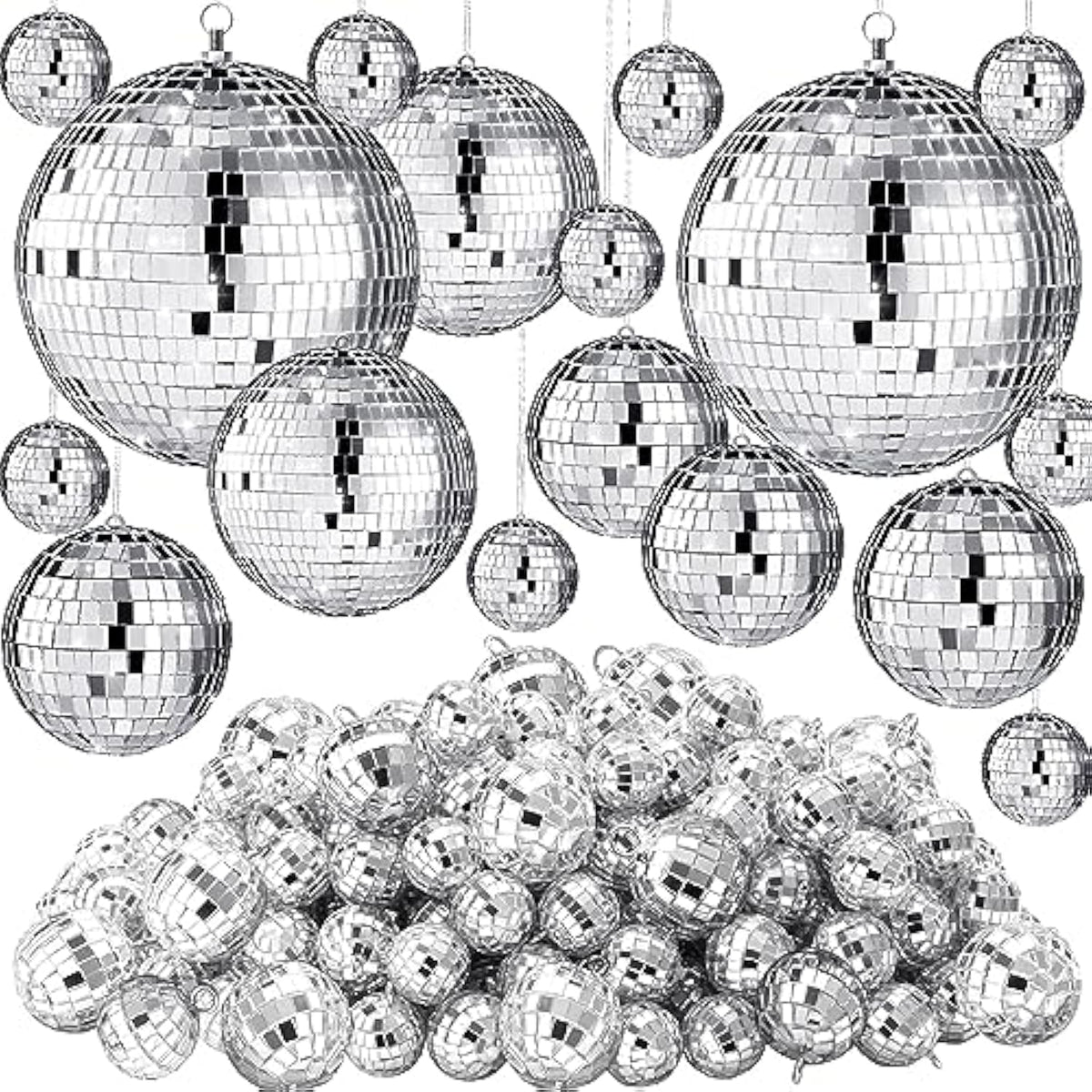 200 Pcs Mini Mirror Disco Ball Ornaments Mardi Gras Small Silver Hanging Decorations Reflective Tiny Balls Bulk For 70S 80S 90S Disco Party, Christmas Tree(8'', 6'', 4'', 3'', 2,'' 1'')
