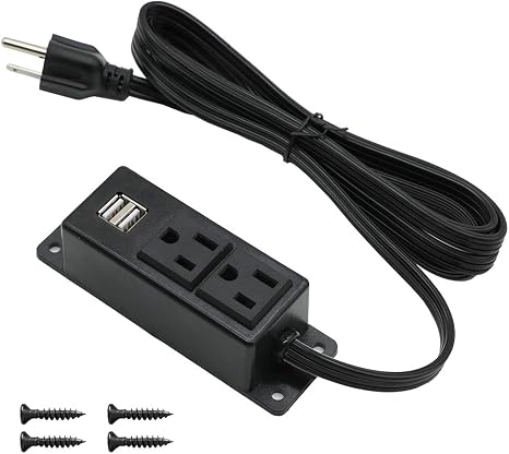 Wall Mount Power Strip 2 Outlets 2 USB Ports 6.56FT Flat Plug Extension Cord Black