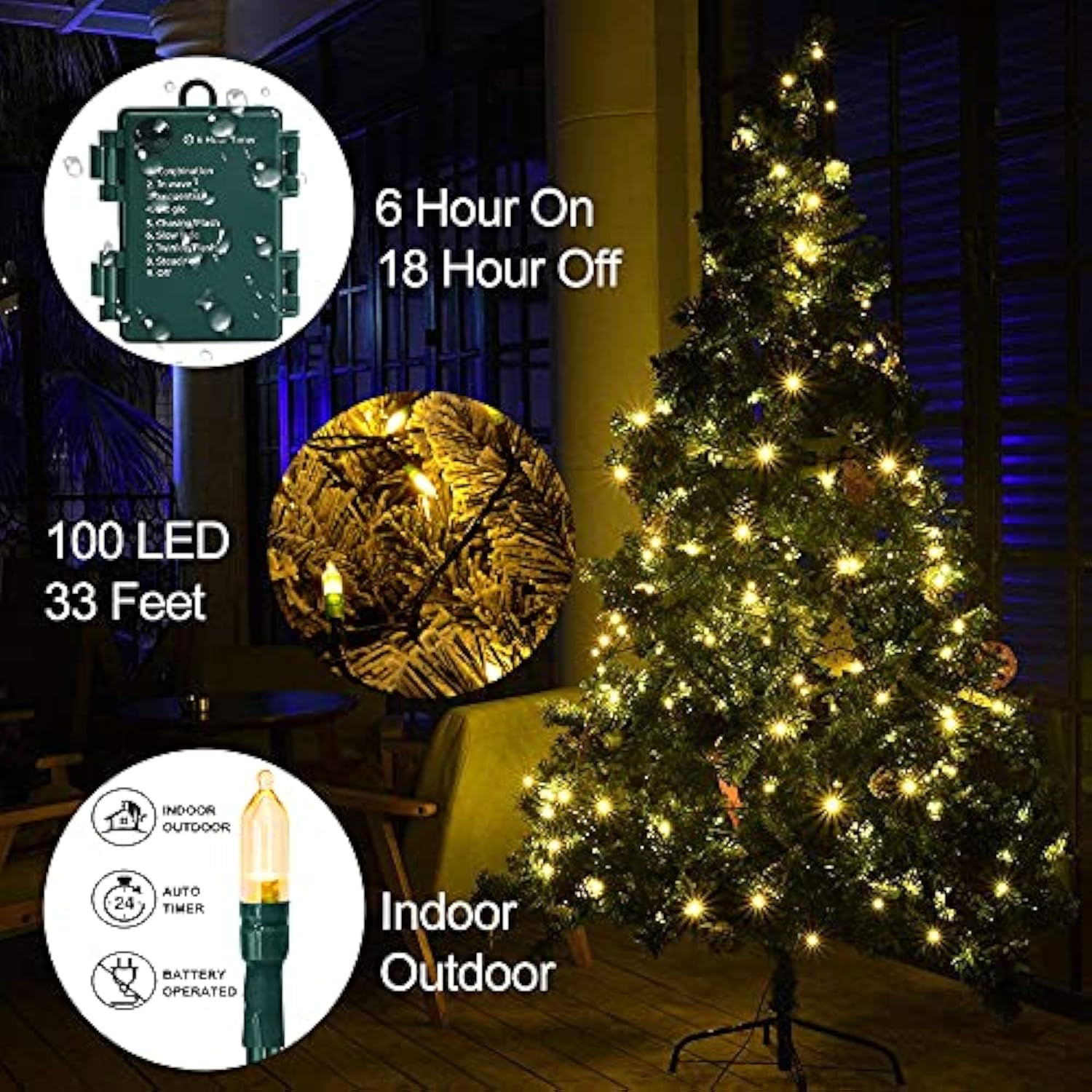 Christmas Light, 33Ft 100 Led Battery Operated String Lights With Auto Timer & 8 Modes, Green Wire Outdoor Waterproof St