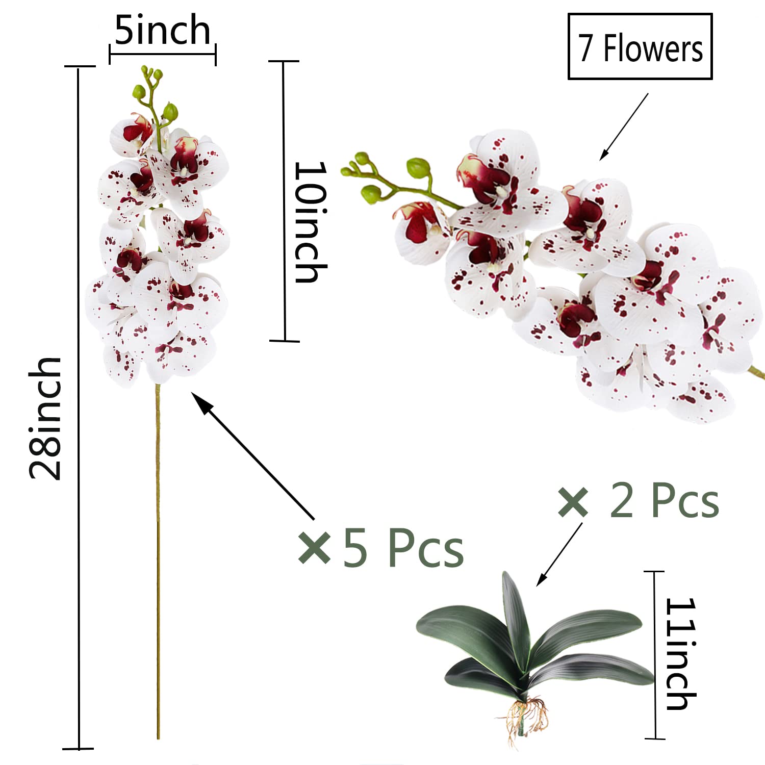 5 Pcs Artificial Orchid Flowers And 2 Bundles Leaves?White With Spots Artificial Phalaenopsis Flowers 28 Inch Stem Plants For Home Wedding Decoration