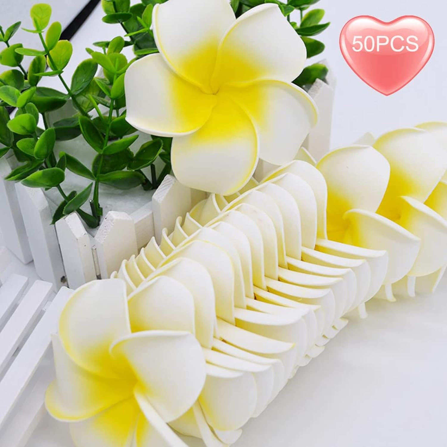 50Pcs 2.4Inch Artificial White Foam Plumeria Rubra Hawaii Frangipani Beach Flower Petals For Hair Hat Wreath Diy Home Wedding Party Decoration