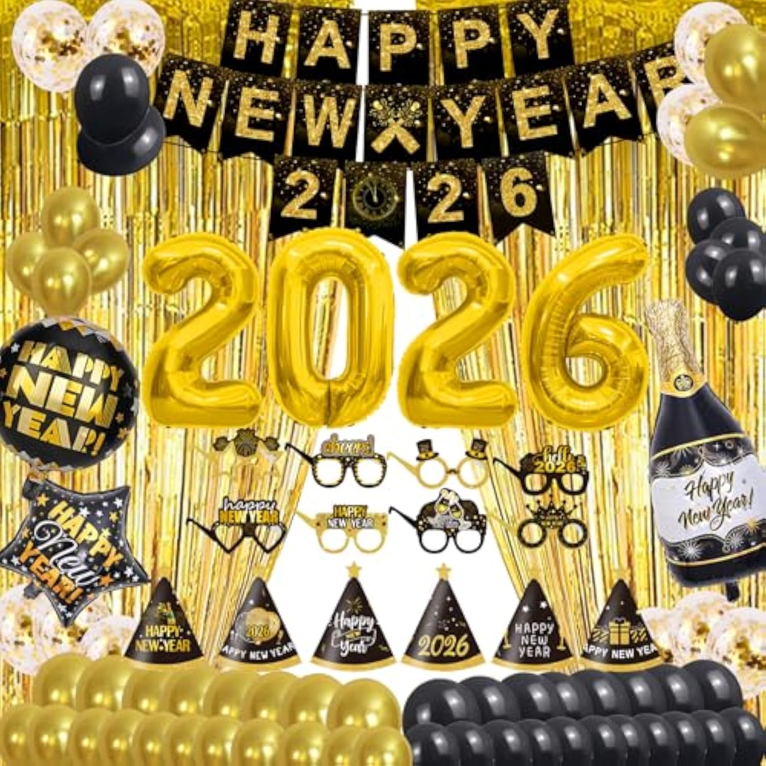 2026 New Year Party Kit with Hats, Balloons, Glasses, and Decorations