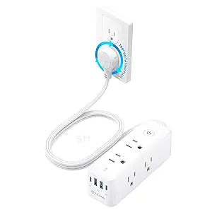 Rotating Flat Plug Surge Protector Power Strip 6 Outlets 4 USB Ports PD20W 5FT Extension Cord White