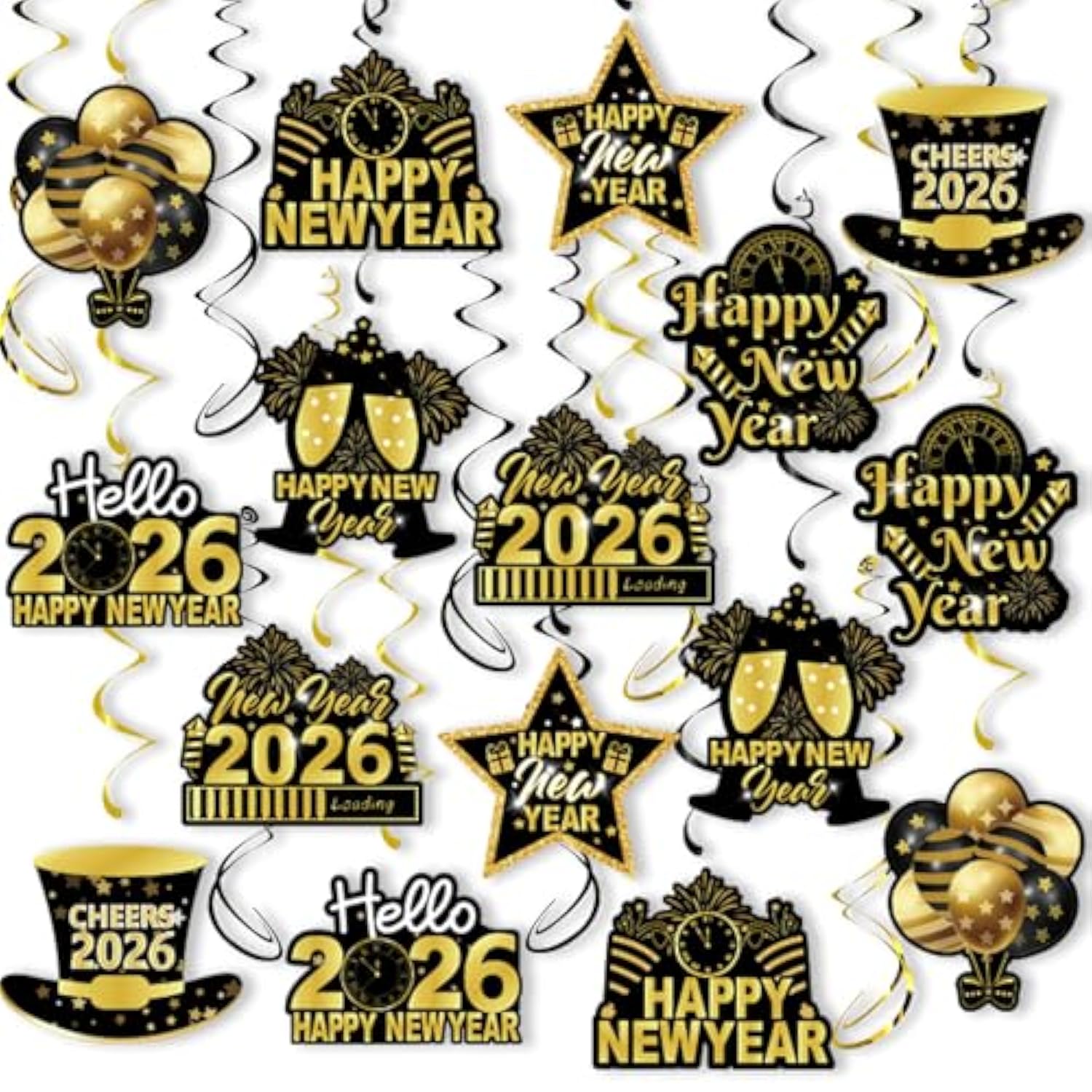 40pcs Black Gold Happy New Year 2026 Hanging Swirls Ceiling Streamers