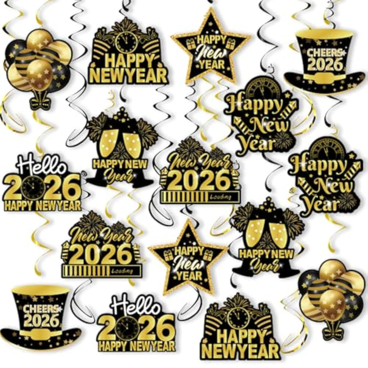 40pcs Black Gold Happy New Year 2026 Hanging Swirls Ceiling Streamers