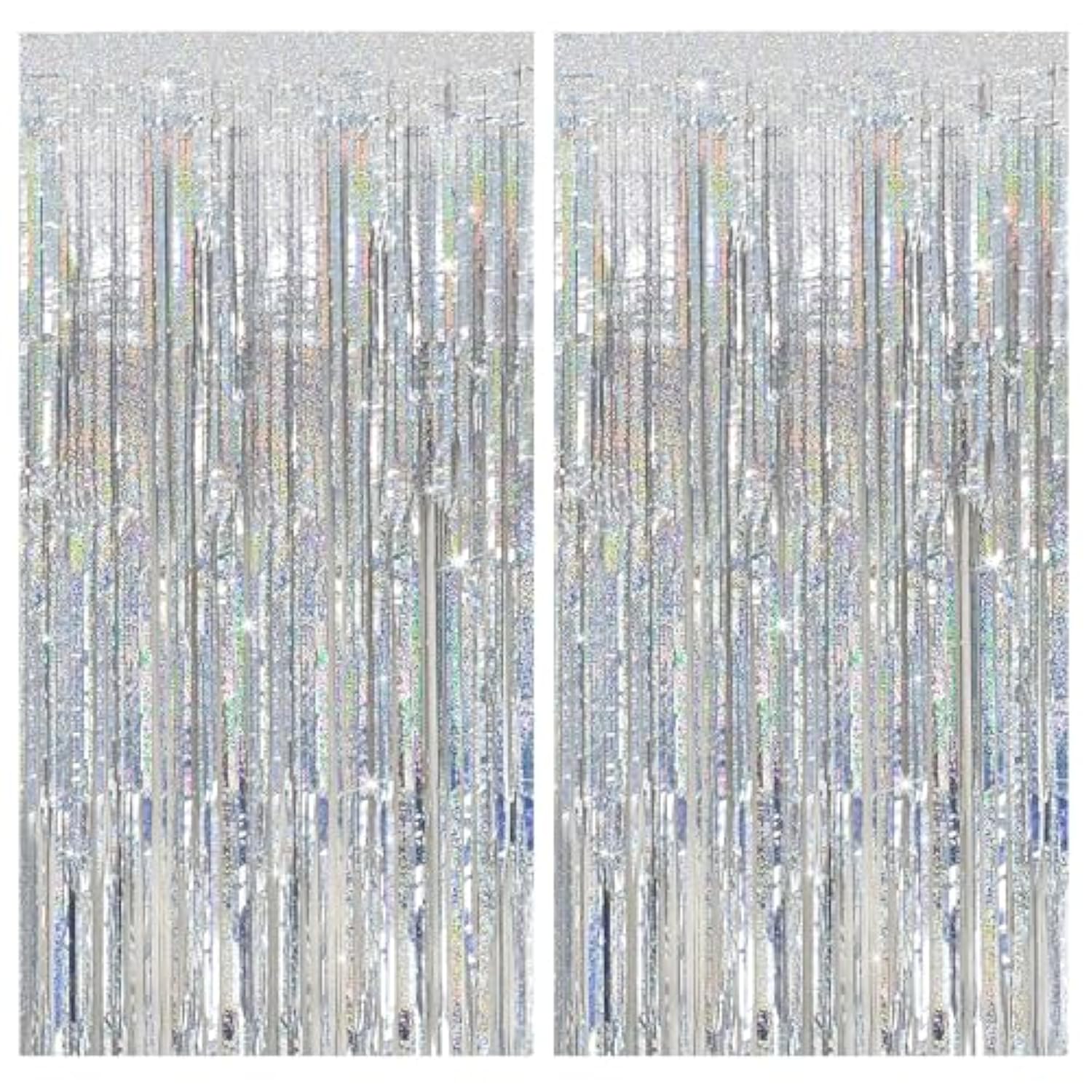 Tinsel Curtain Party Backdrop Silver Birthday Decorations 2 Packs Glitter Foil Fringe Decor Streamers Photo Booth For Christmas Wedding Halloween Graduation Decorations