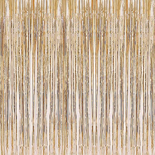 2 Pcs 3.2ft x 8.2ft Champagne Gold Metallic Tinsel Foil Fringe Curtains Photo Booth Backdrop for Baby Shower Birthday Wedding Holiday Celebration Bachelorette Party Decorations