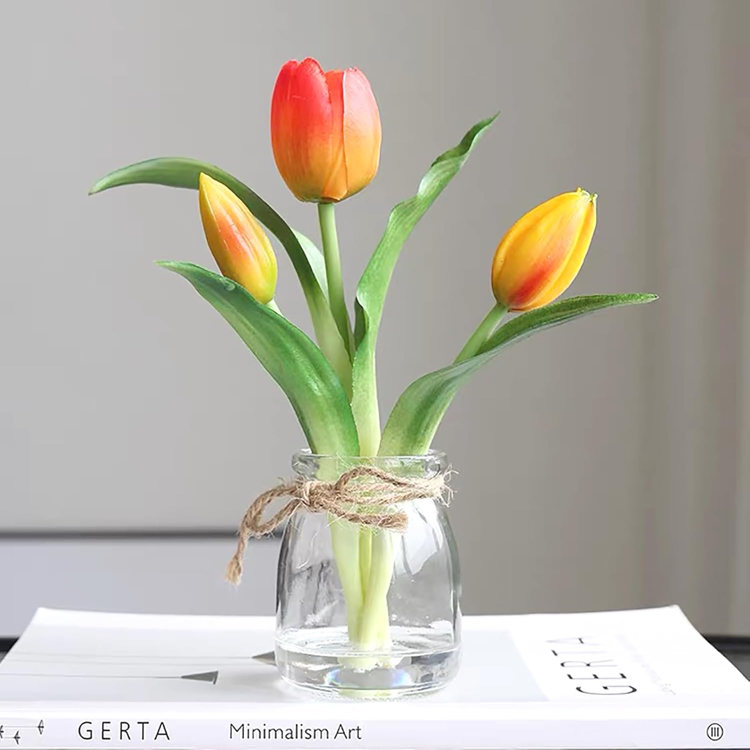 Tulips Artificial Flowers In Vase, Real Touch Tulips With Faux Water Orange Flowers With Vase Floral Table Centerpiece For Home Office Party Desk Decor