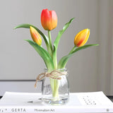Tulips Artificial Flowers In Vase, Real Touch Tulips With Faux Water Orange Flowers With Vase Floral Table Centerpiece For Home Office Party Desk Decor