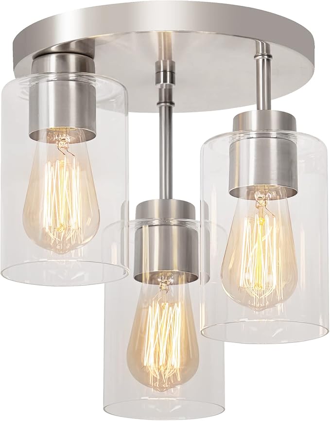 3 Light Brushed Nickel Ceiling Light Clear Glass Semi Flush Mount Modern Fixture
