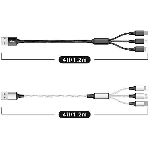 2 Pack 4FT 3 in 1 Multi USB Charging Cable 3A Fast Charger Cord for iPhone Samsung Tablets