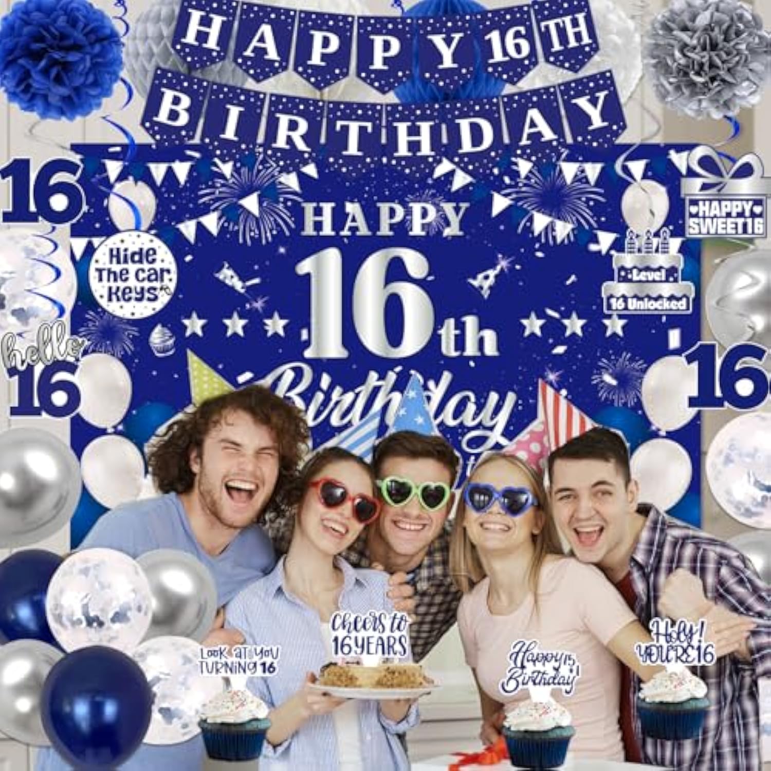 16Th Birthday Decorations For Boys Girls, Blue Silver Sweet 16Th Birthday Party Decorations, Happy 16Th Birthday Backdrop, Banner, Balloons, Pompoms, Hanging Swirls, Birthday Card, Cake Topper 54Pcs
