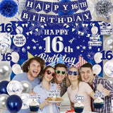 16Th Birthday Decorations For Boys Girls, Blue Silver Sweet 16Th Birthday Party Decorations, Happy 16Th Birthday Backdrop, Banner, Balloons, Pompoms, Hanging Swirls, Birthday Card, Cake Topper 54Pcs