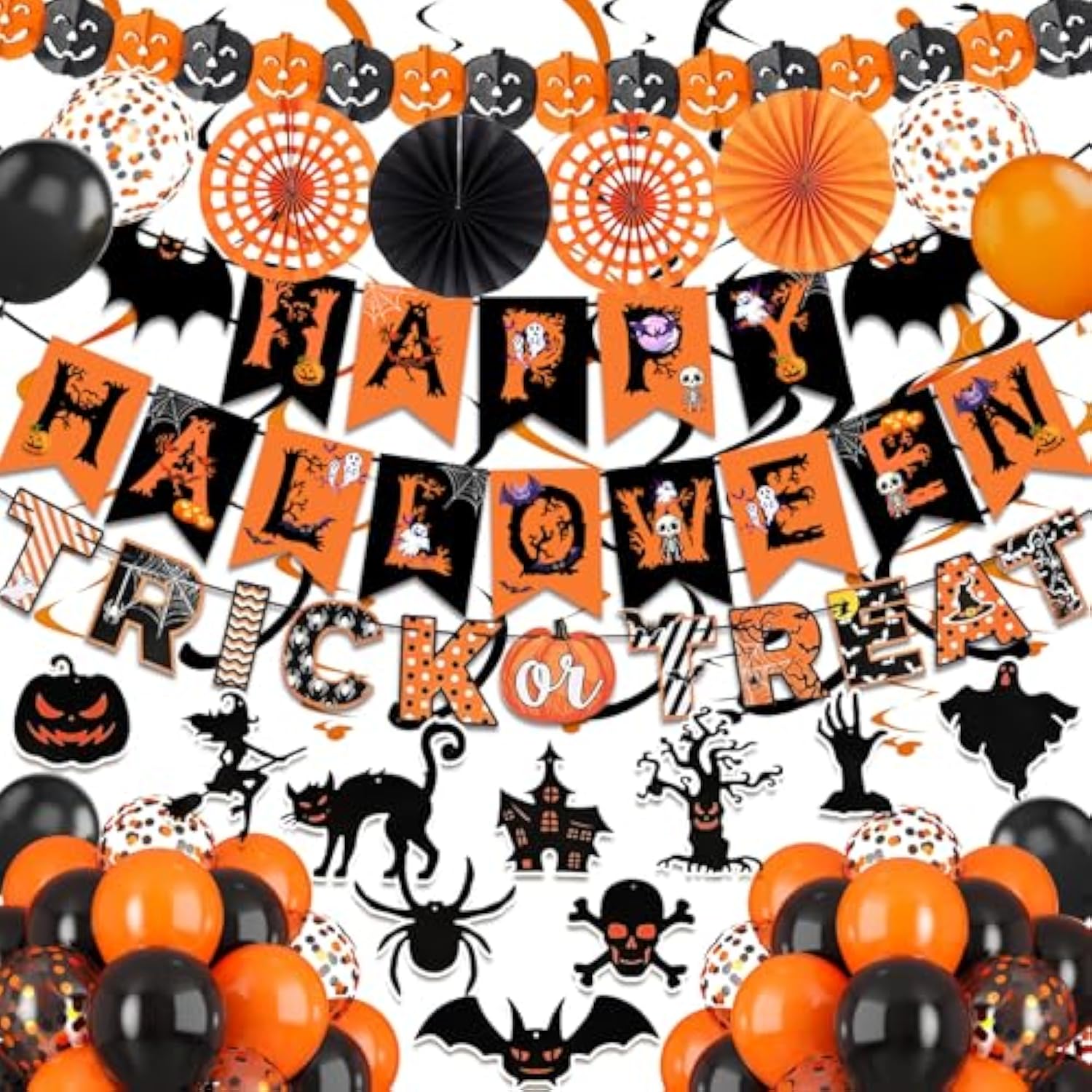 Happy Halloween Banner Balloons Swirl Streamers Paper Fans Pumpkin Bat Ghost Decor