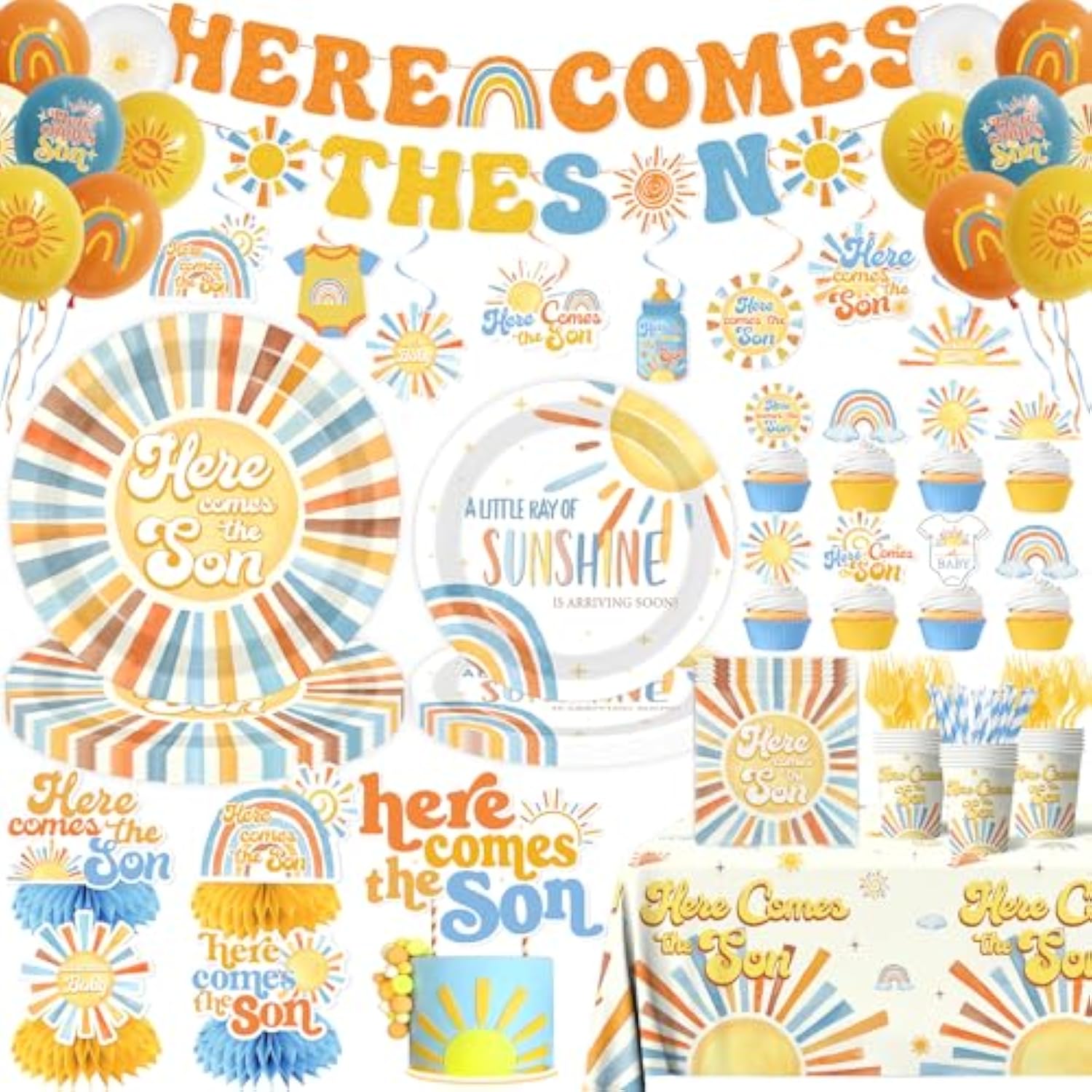 Here Comes The Son Baby Shower Tableware Decor For Boys,Boho Rainbow Sun Themed Party Decorations Disposable Banner,Tablecloth,Plates,Napkin,Balloon,Cupcake Topper,Serve 24