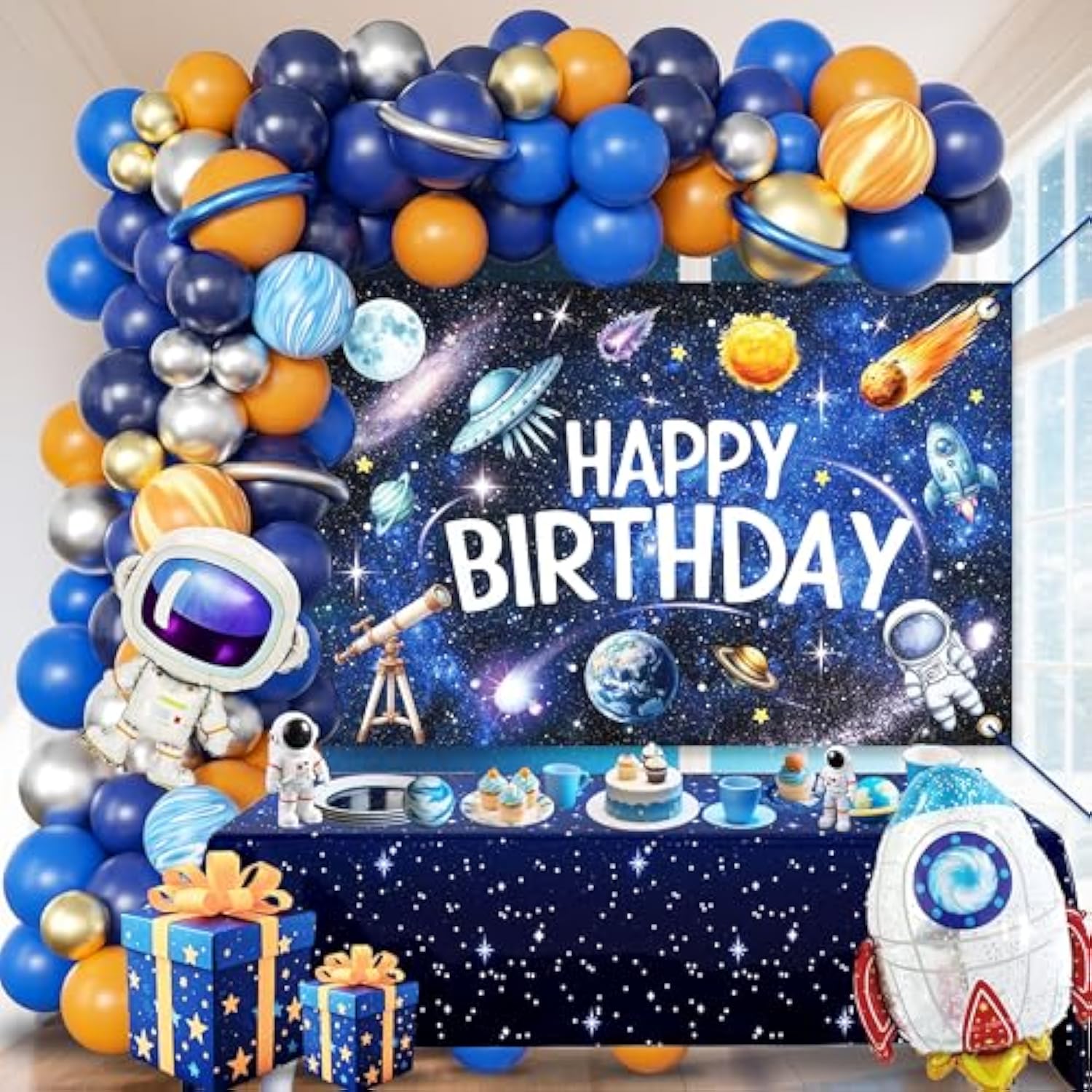 Outer Space Birthday Decor for Boys, Rocket & Astronaut Balloons, Backdrop