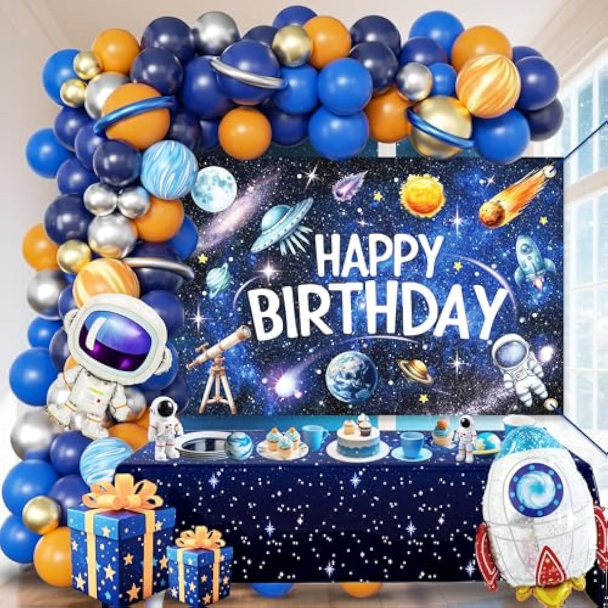 Outer Space Birthday Decor for Boys, Rocket & Astronaut Balloons, Backdrop