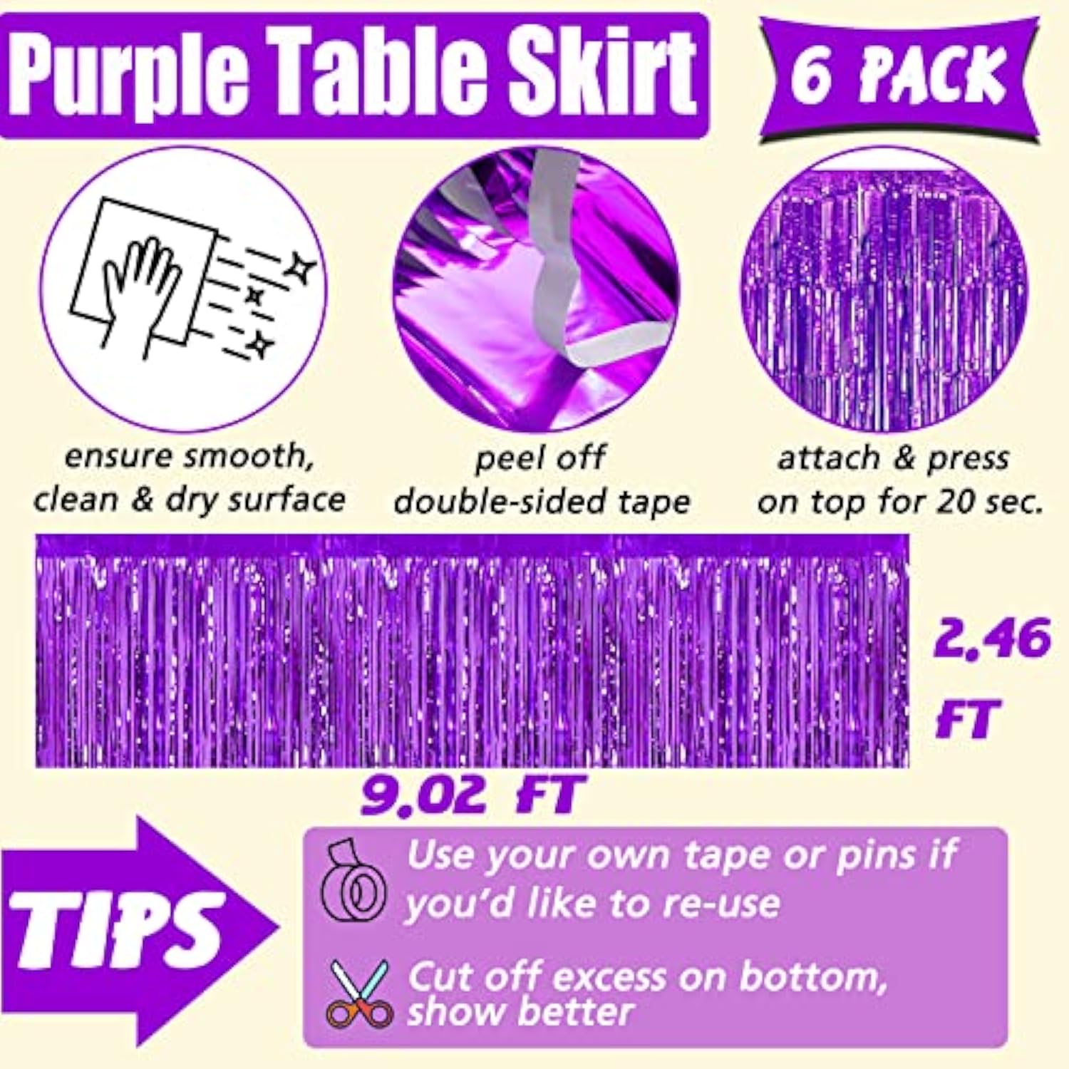 6 Pack 29X108 Inch Purple Metallic Foil Fringe Table Skirts Banner For Tinsel Streamer Garland Curtains Backdrop For Parade Floats Wedding Baby Shower Birthday Christmas Halloween Party Decoration