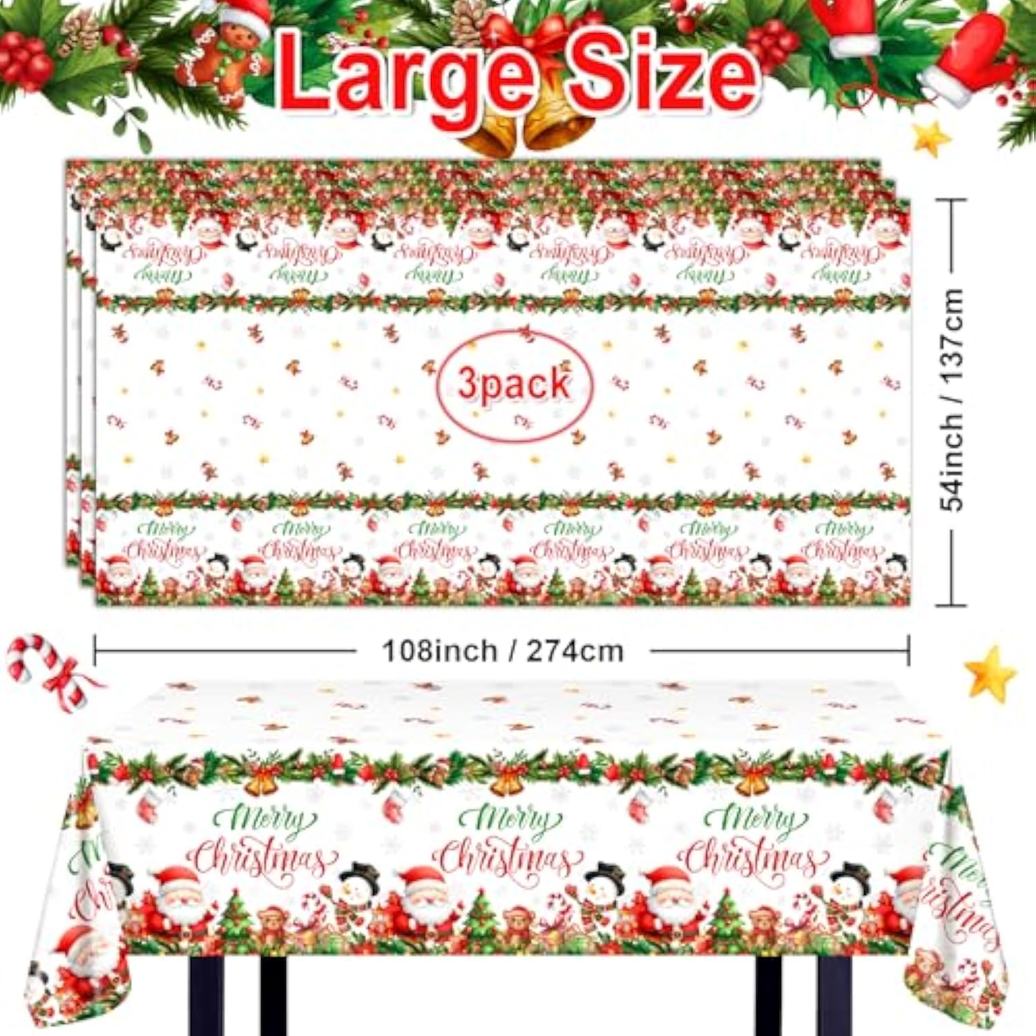3 Pcs Merry Christmas Tablecloth Christmas Party Table Cover Santa Snowman Gingerbread Table Cloth For Xmas Holiday Party Decorations 108 X 54 Inch