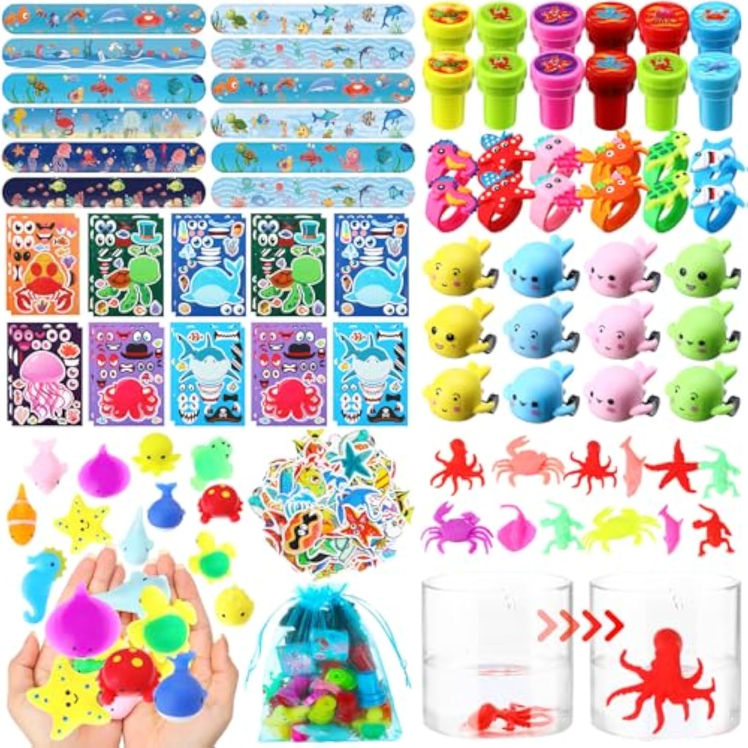 156 Pcs Under The Sea Party Favors Ocean Themed Gifts Bulk Sea Animal Stickers Squeeze Slap Bracelet Stampers Piñata Stuffers For School Classroom Prizes Birthday Goodie Bag Fillers