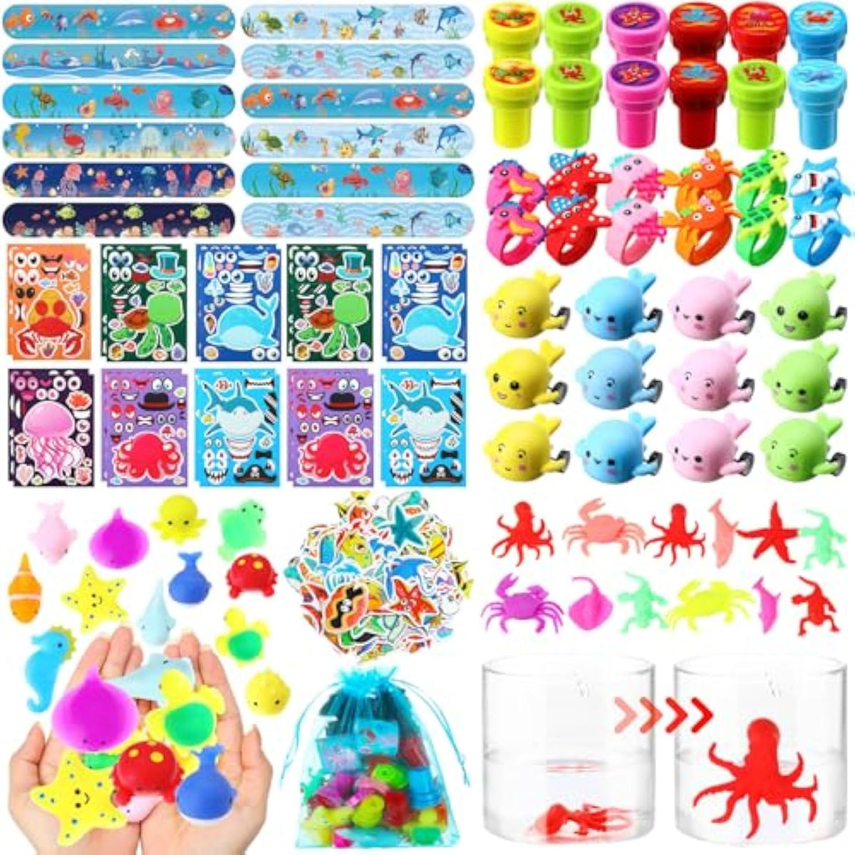 156 Pcs Under The Sea Party Favors Ocean Themed Gifts Bulk Sea Animal Stickers Squeeze Slap Bracelet Stampers Piñata Stuffers For School Classroom Prizes Birthday Goodie Bag Fillers