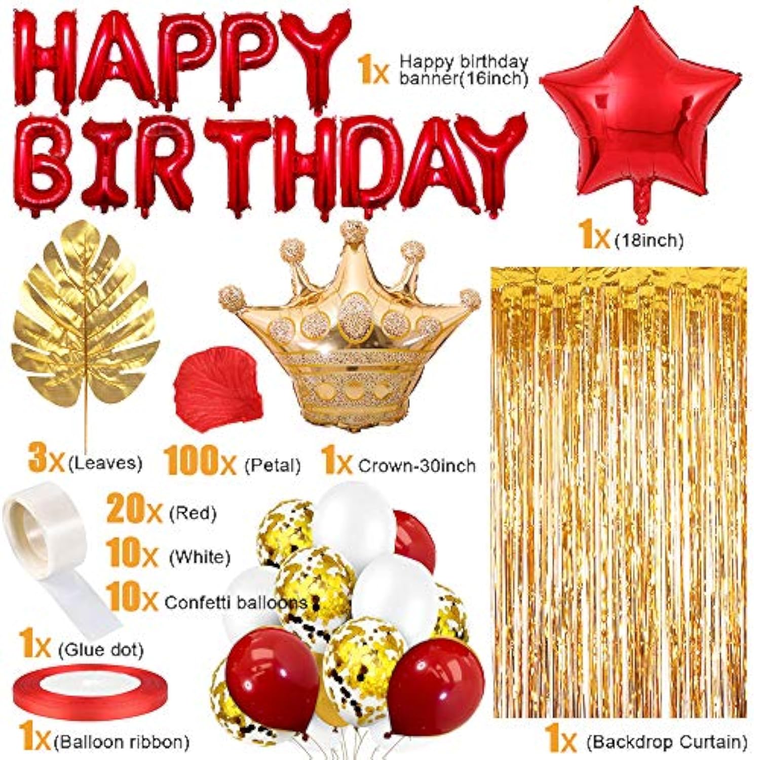 Red & Gold Party Decor Set – Balloons, Confetti and Curtain for Birthday, Wedding, or Celebration