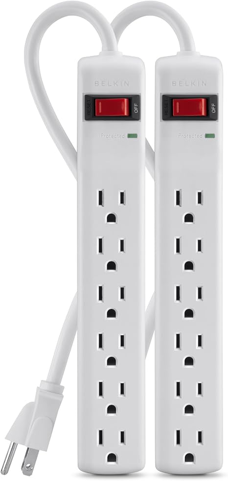 2 Pack 6 Outlet Surge Protector Power Strip 2FT Metal Extension Cord Flat Plug White