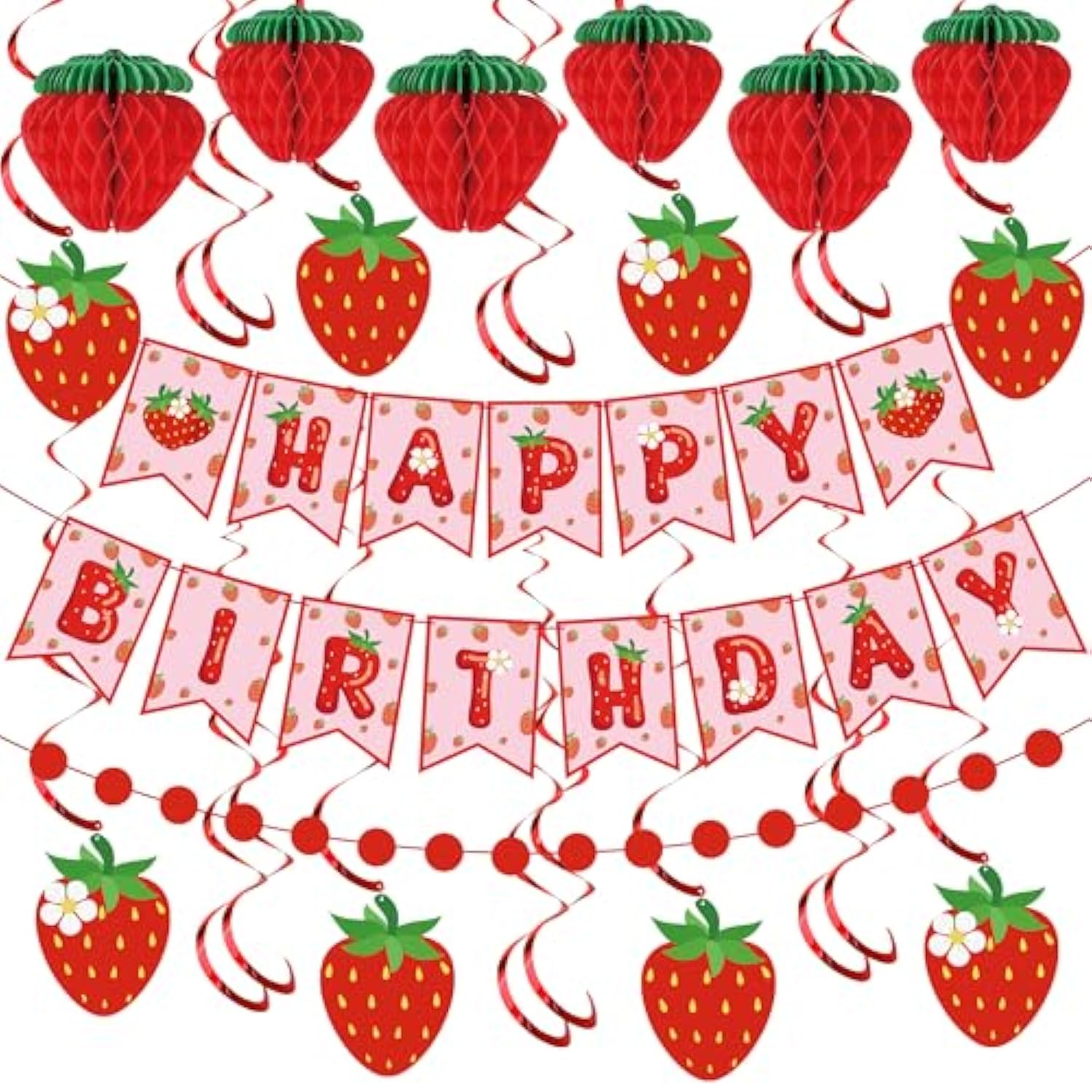 Strawberry Birthday Party Decorations Strawberries Happy Birthday Banner Honeycomb Balls And Hanging Swirls Strawberries Paper Banner Set For Strawberry Theme Birthdays Party Supplies