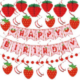 Strawberry Birthday Party Decorations Strawberries Happy Birthday Banner Honeycomb Balls And Hanging Swirls Strawberries Paper Banner Set For Strawberry Theme Birthdays Party Supplies