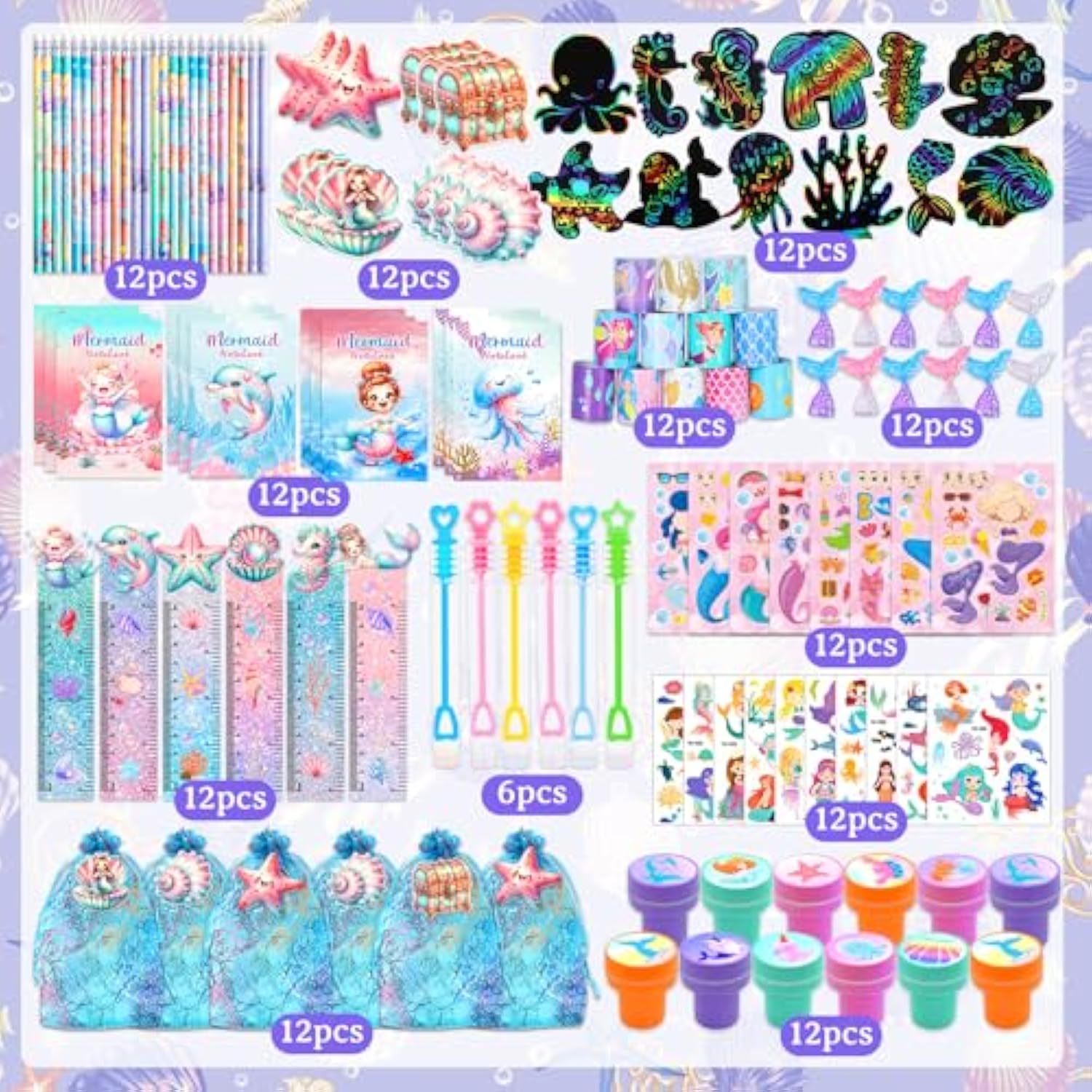 138Pcs Mermaid Party Favors, Little Mermaids Stationery Set Includes Stickers, Bubbles, Notebooks, Pencils,Mermaid Goodie Bags, Goodie Bags Stuffers For Kids, Classroom Rewards, Pinata Supplies
