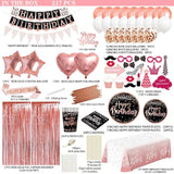 Birthday Decorations For Women Rose Gold - (Total 170Pcs) Happy Birthday Supplies For Women, Balloons,Tablecloth,Foil Backdrops,Plates,Cups,Photo Props,Sash,Tableware For 24 Guests