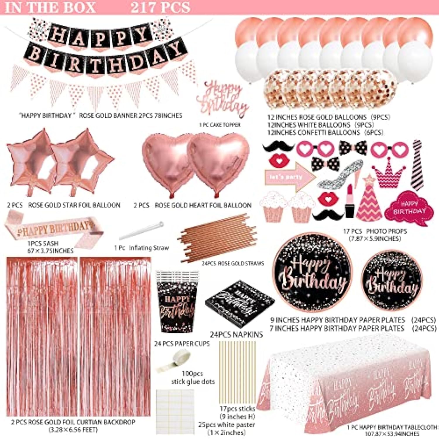 217pcs Rose Gold Birthday Decorations with Balloons, Tableware, Backdrops & Photo Props