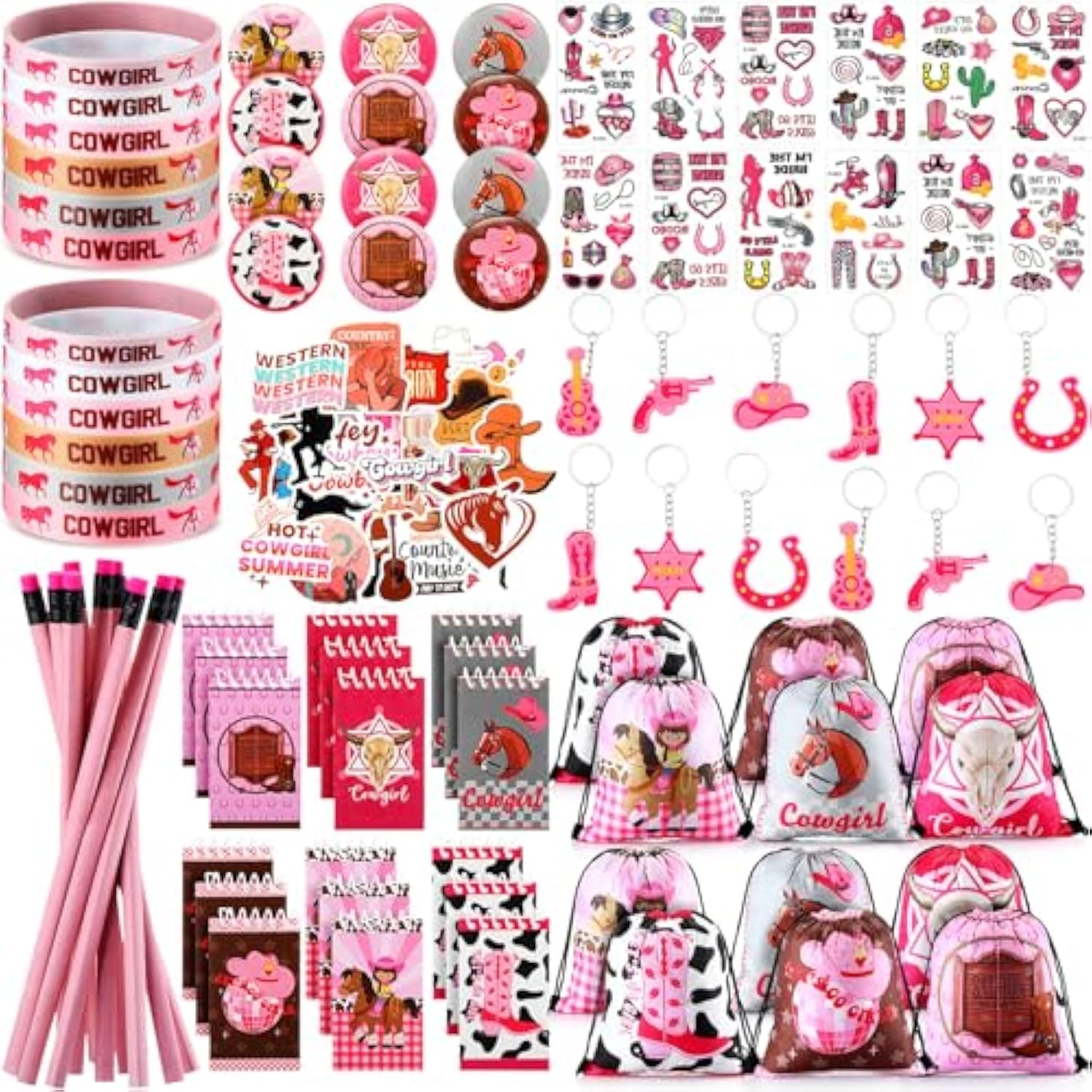 140 Pcs Cowgirl Party Favors Include Cowgirl Drawstring Backpacks Bracelets Books Badges Keychains Pink Pencils Pink Horse Stickers Tattoo Stickers For Disco Western Birthday