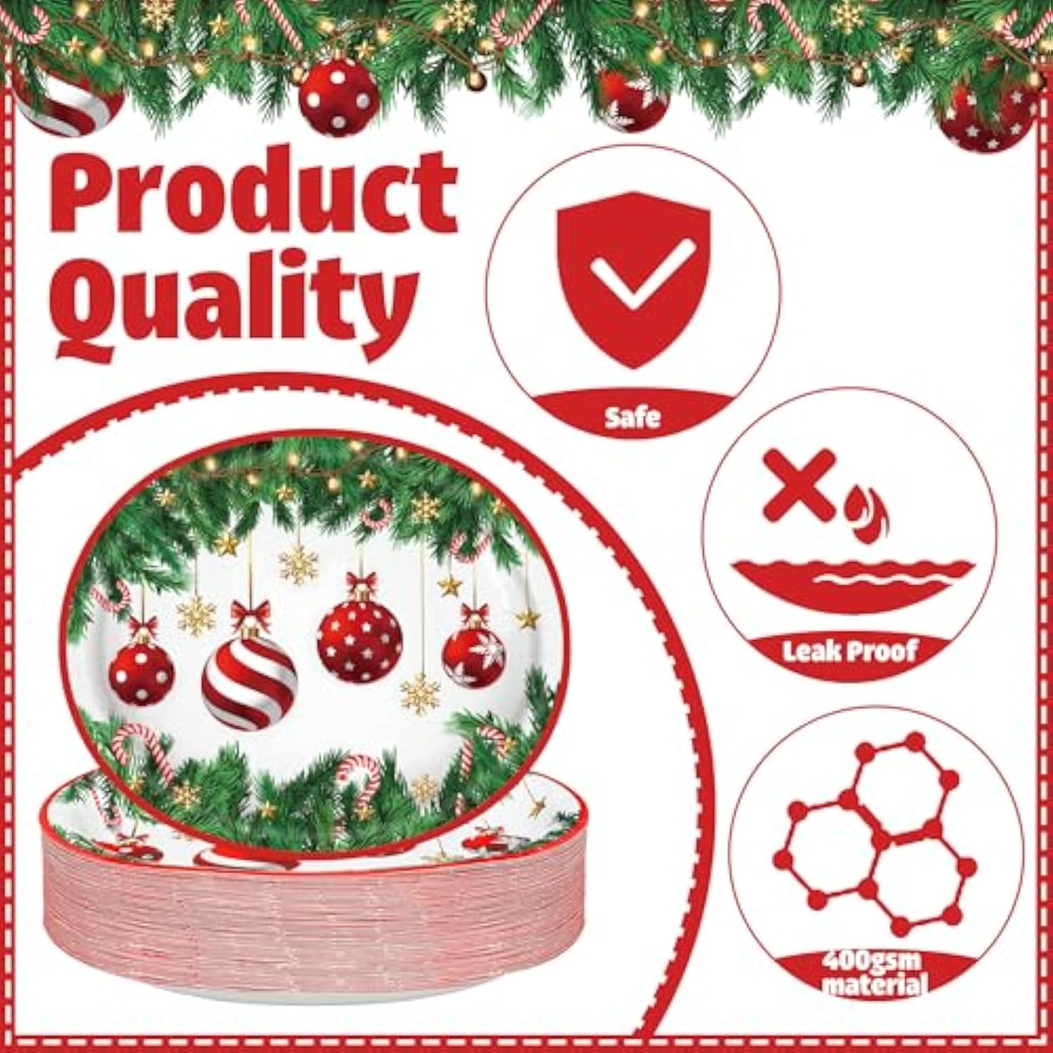 Christmas Paper Platters Disposable Christmas Ball Oval Party Plates 10" X 12" Large Xmas Dinner Serving Platters For Xmas Holiday Party Supplies Dinnerware Table Decorations, 50 Pcs