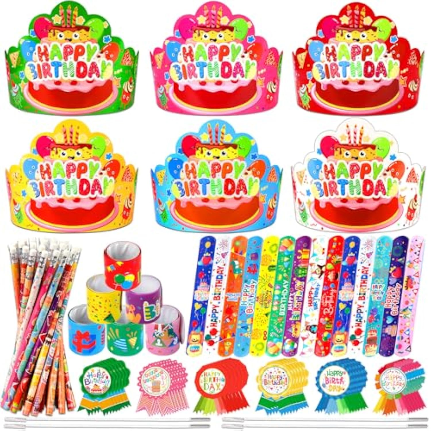 144 Pcs Birthday Crowns For Kids Classroom Include 36 Colorful Birthday Paper Hats With Elastic Band 36 Badge Stickers 36 Slap Bracelets And 36 Pencils For Classroom School Party Supplies