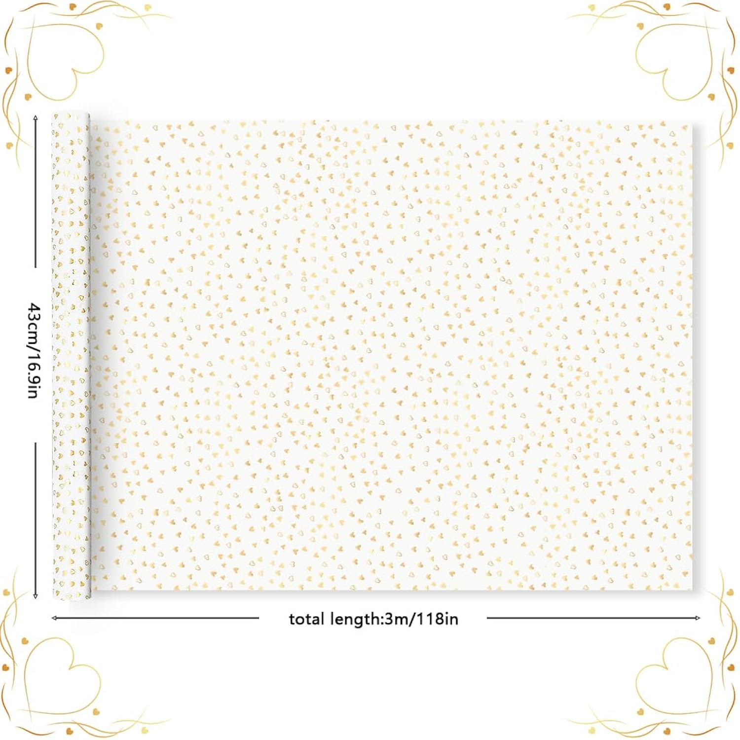 White With Metallic Gold Foil Mini Hearts Love Wrapping Paper - 1 Mini Roll 17 X 10 Ft Per Roll 14.1 Sq.Ft.Ttl - Luxury Heart Design Holiday Gift Wrap Present Paper For Valentine'S Day, Birthdays, Wedding & Showers, Anniversaries