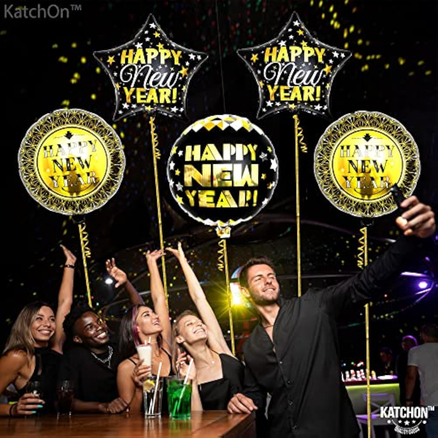 Black Gold Happy New Year Balloons 18in Pack of 5 2026 Party Decor