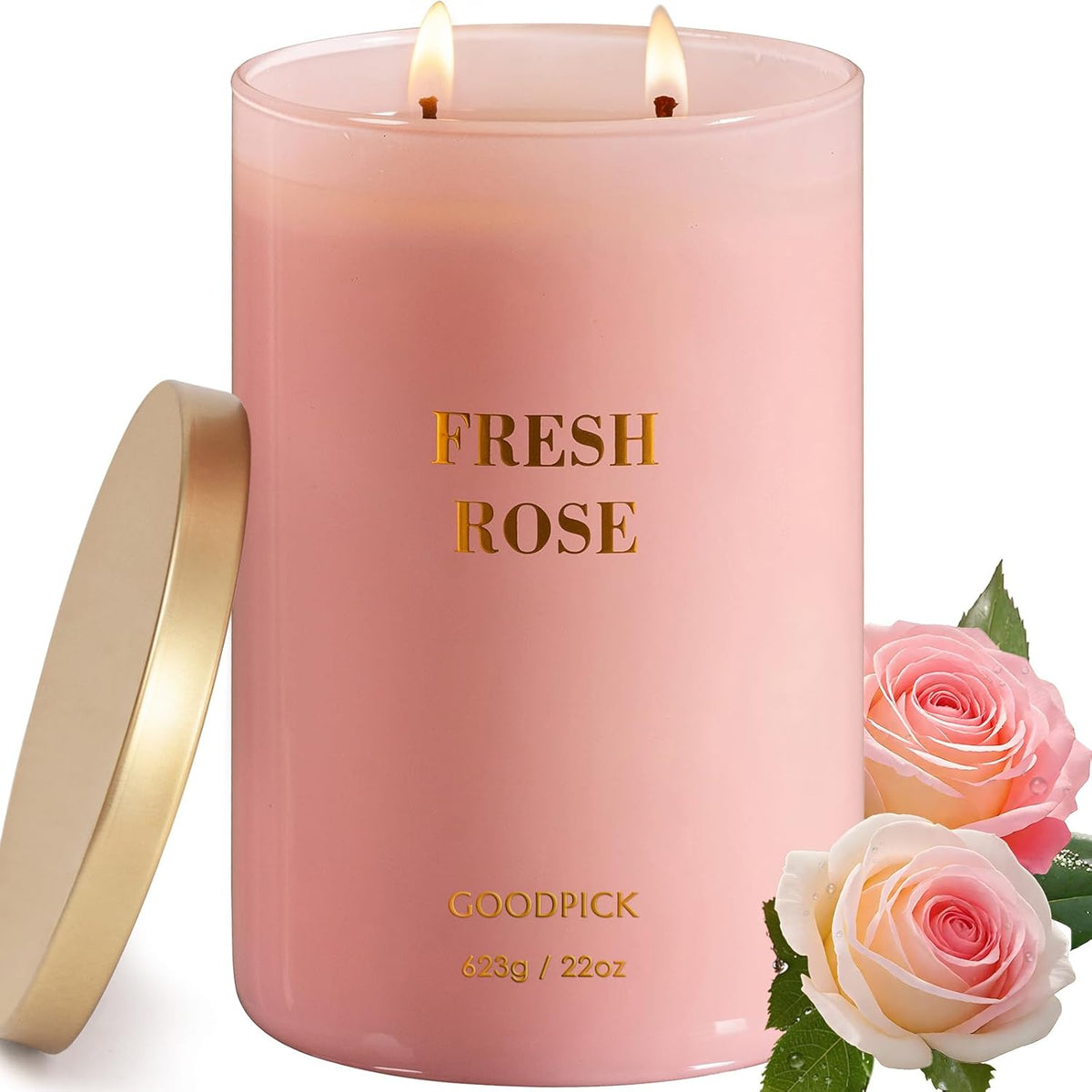 Fresh Rose Candles For Women, Pink Candle, Soy Wax 22Oz Large 120 Hours Burning, Aromatherapy Candles
