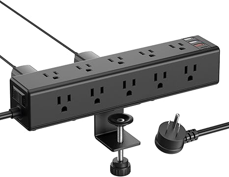 Desk Clamp Power Strip 15 Outlets USB C USB A 6FT Flat Plug Extension Cord Surge Protector Black