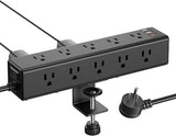 Desk Clamp Power Strip 15 Outlets USB C USB A 6FT Flat Plug Extension Cord Surge Protector Black