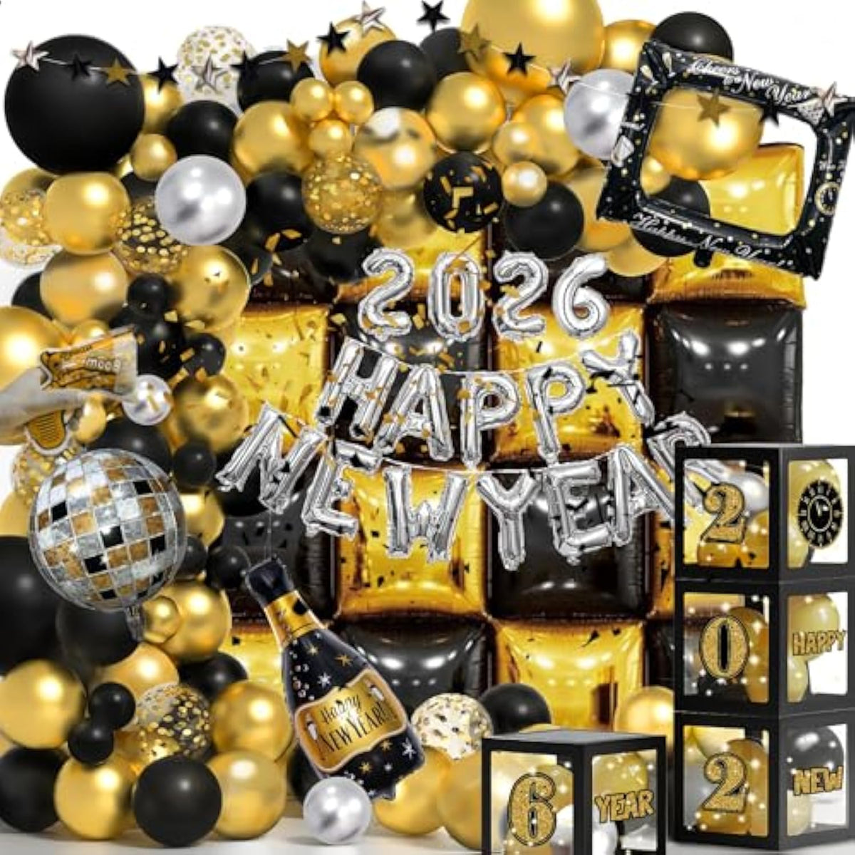 Black Gold 2026 Balloon Backdrop Wall with Foil Balloons Confetti Poppers
