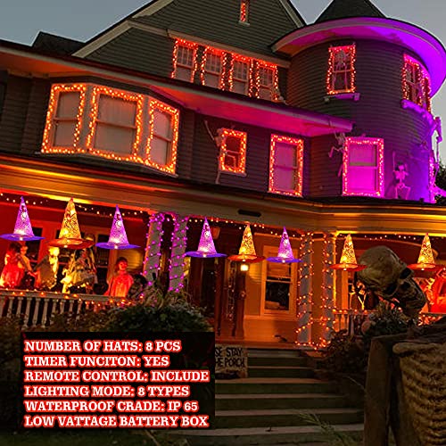 8 Pcs Hanging Witch Hat String Lights, Light Up Waterproof Halloween Decorations with Remote Control for Outdoor Garden Party Carnival Supplies Decor