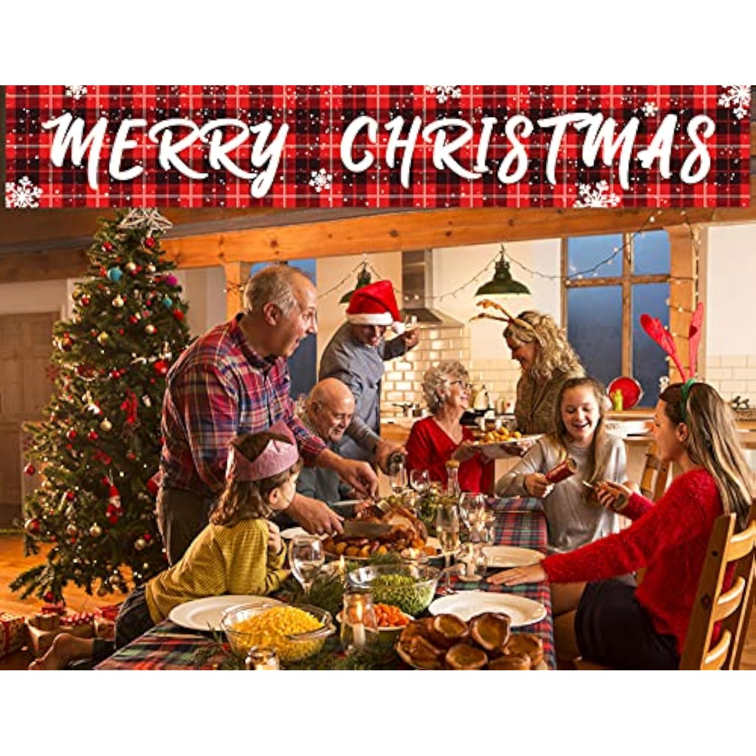 Large Merry Christmas Banner Buffalo Plaid Christmas Banner Huge Xmas Sign For Yard Garden Rustic Christmas Bunting For Outdoor Indoor Decorations (9.8 X 1.6 Feet)