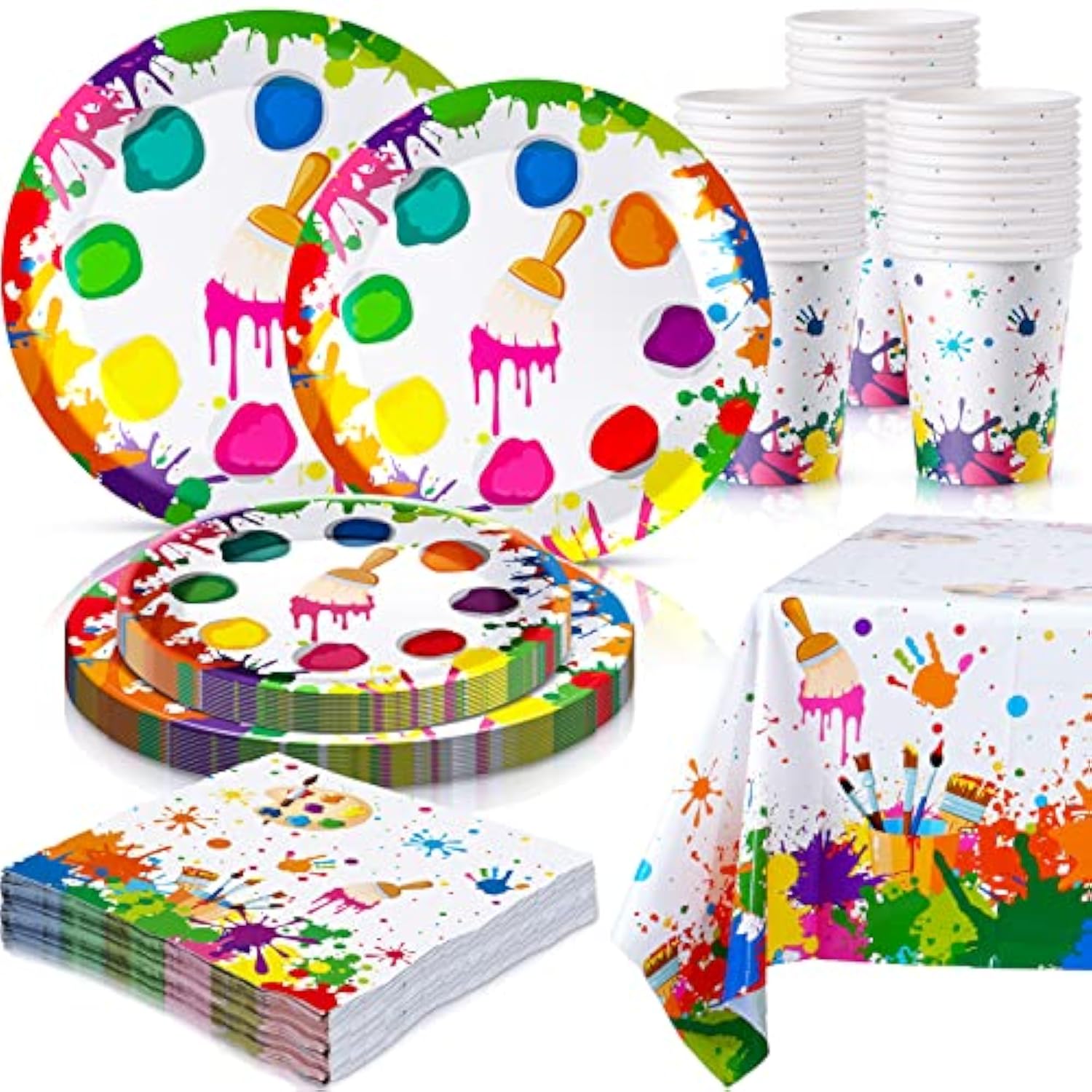 Art Party Supplies for 24 – Paint-Themed Plates, Cups, Napkins, Tablecloth (122pcs)