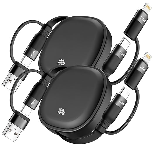 2 Pack 5 in 1 Retractable 100W Multi USB Charging Cable 3.86FT Fast Charge