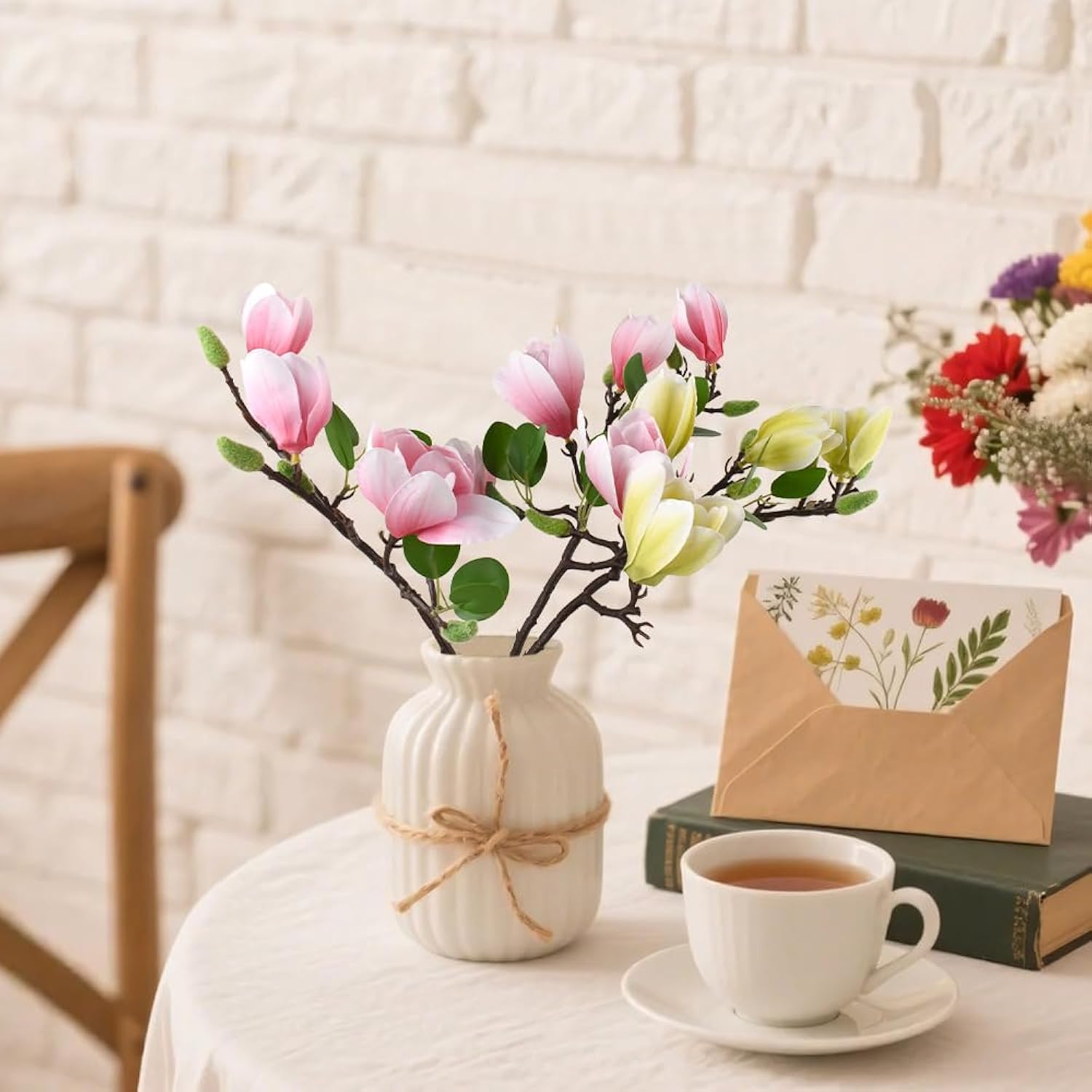 3Pcs Artificial Magnolia Flowers, Fake Silk Magnolia Flower Real Touch Branches For Home Decor, Pink+Green