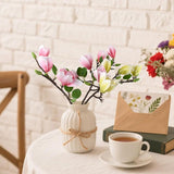 3Pcs Artificial Magnolia Flowers, Fake Silk Magnolia Flower Real Touch Branches For Home Decor, Pink+Green